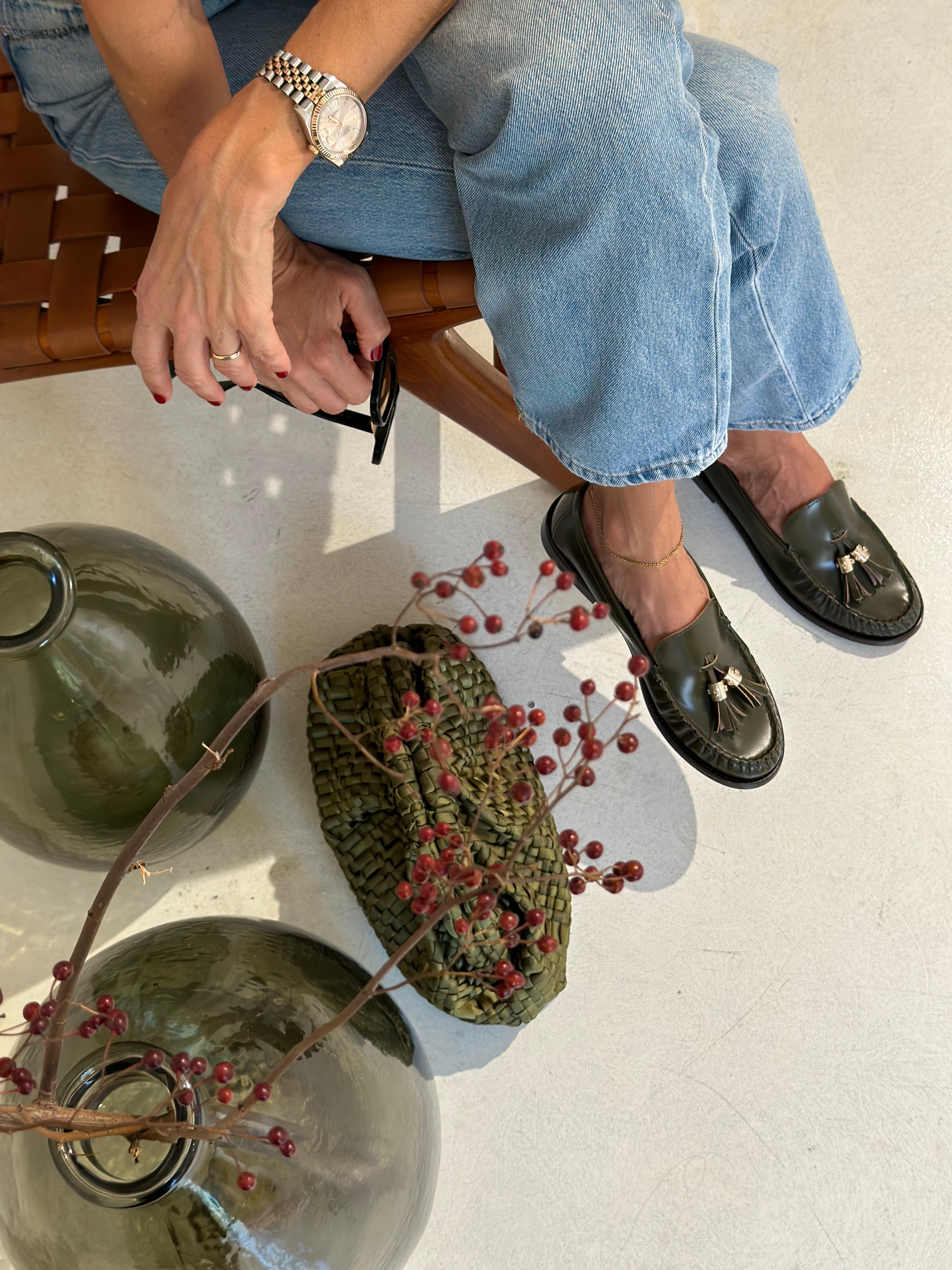 Moss Green Glossy Leather Moccasin - Lachoix