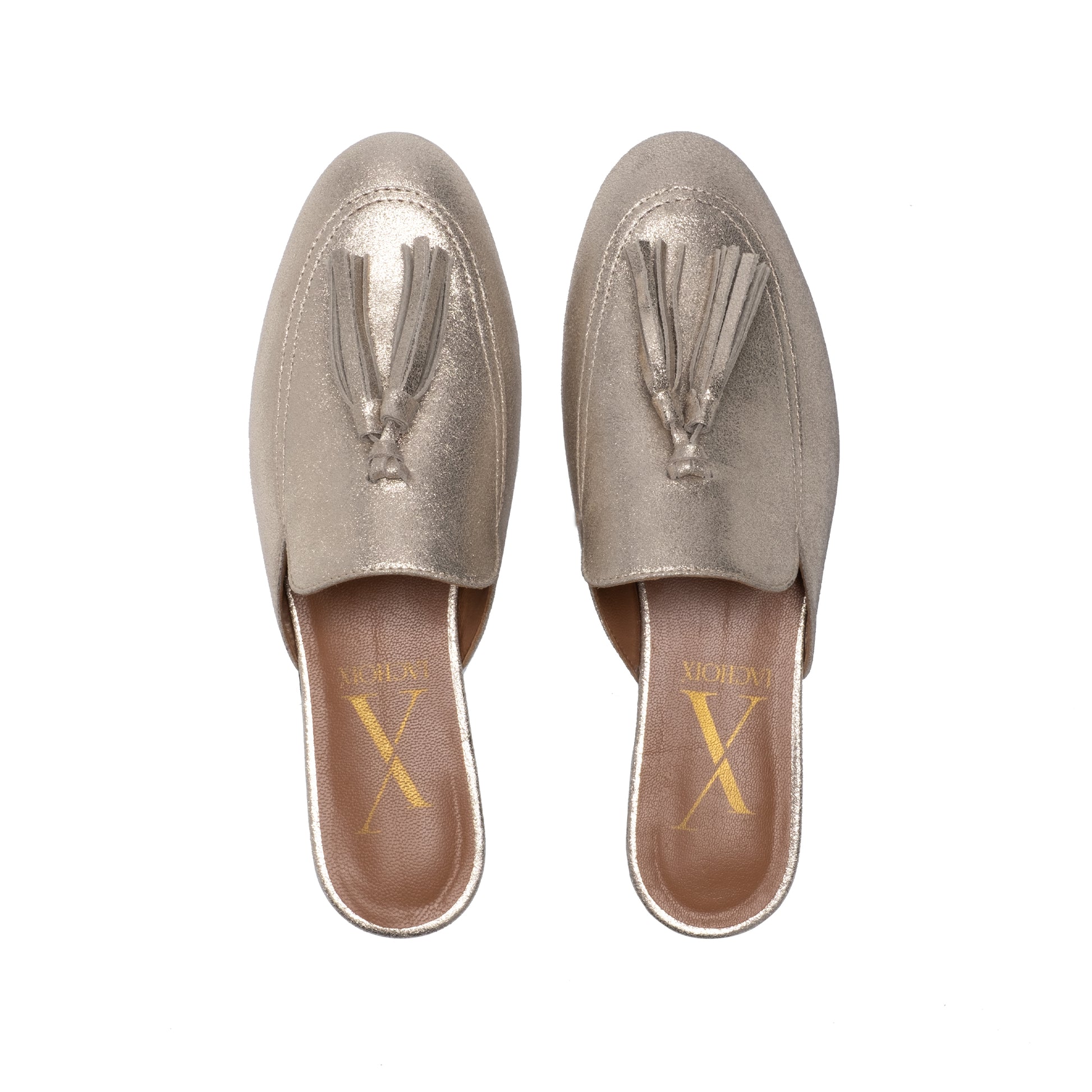 Backless Tassel Gold Loafers Front