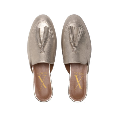 Backless Tassel Gold Loafers Front