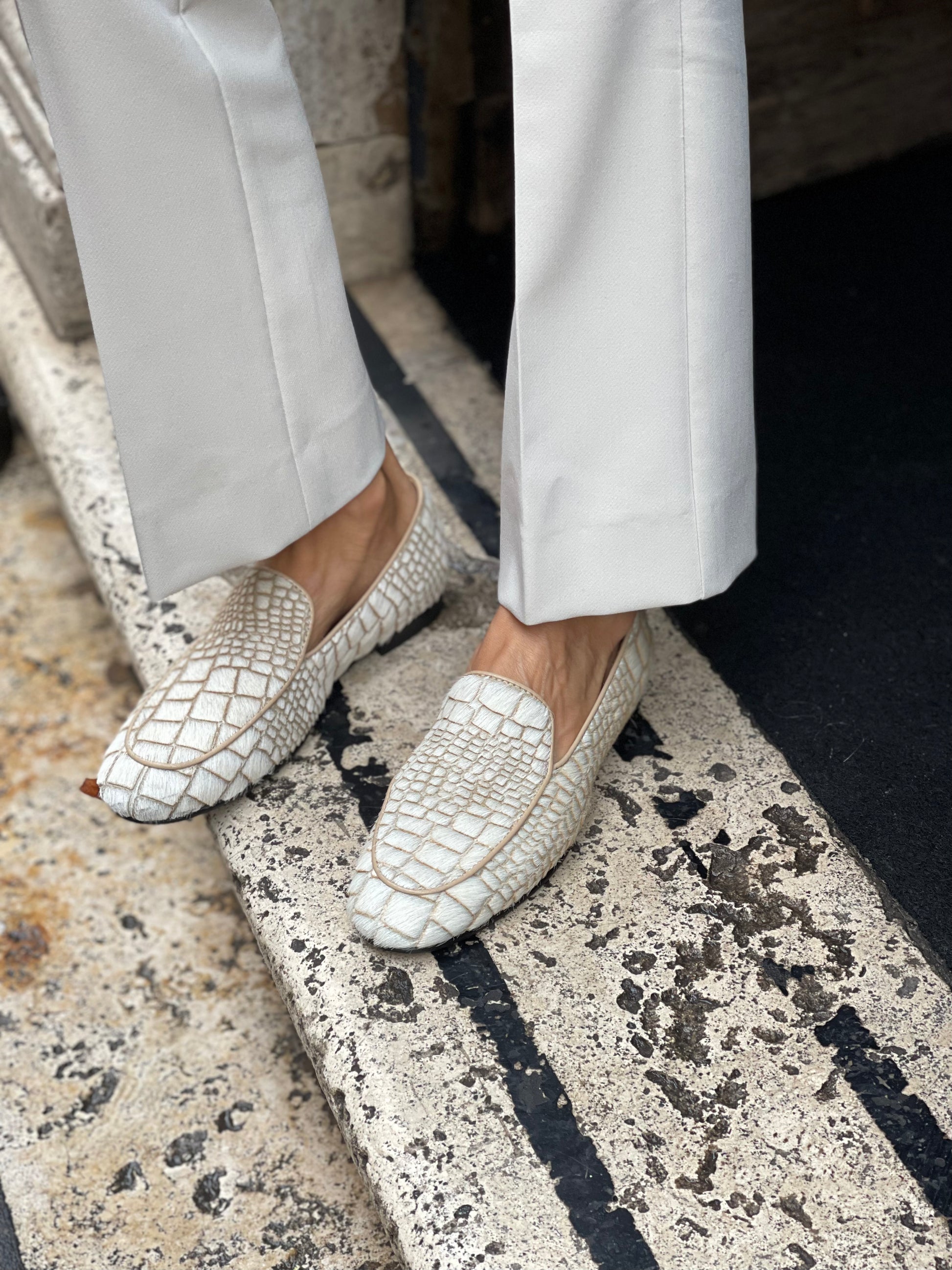 White online snakeskin loafers